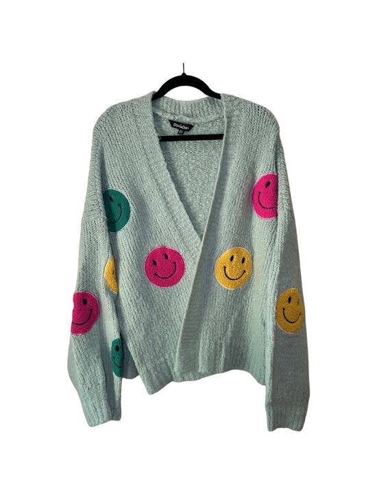 DAVI & DANI Sweaters - Davi & Dani Green Fuzzy Smile Face Kidcore Long Sleeve Cardigan 2XL